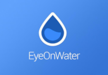 EyeonWater blue water drop logo against blue background
