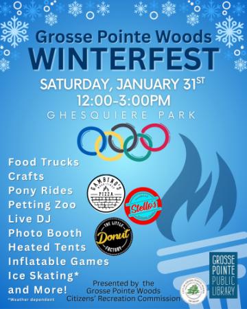 2026 Winterfest flyer. Presented by City of Grosse Pointe Woods Citizens' Recreation Commission