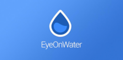 EyeonWater blue water drop logo against blue background