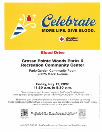 Red Cross Blood Drive - July 17 11:30 a.m. to 5:30 p.m.